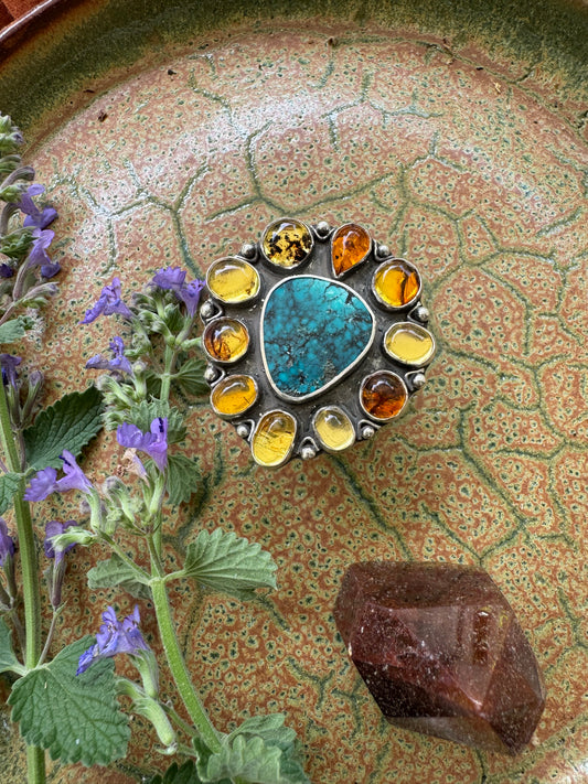 Hubei Turquoise and Amber Ring - size 7 1/2 - 8 1/2