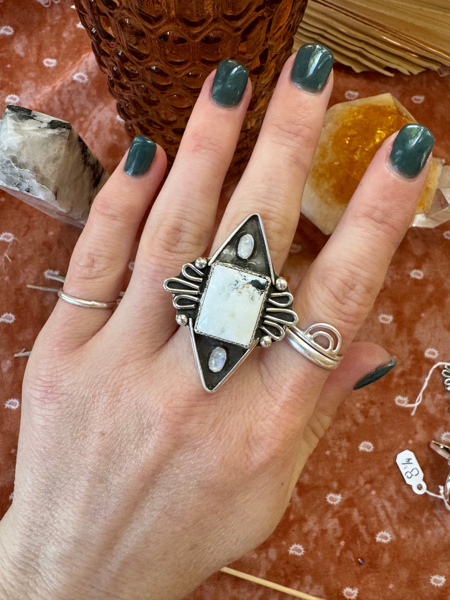 White Buffalo Turquoise + Moonstone "Paradise Valley" - size 7