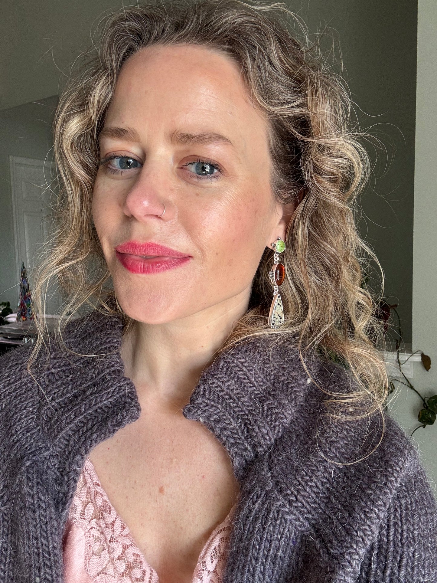 Statement Earrings - Amber + Turquoise + Dalmation stone