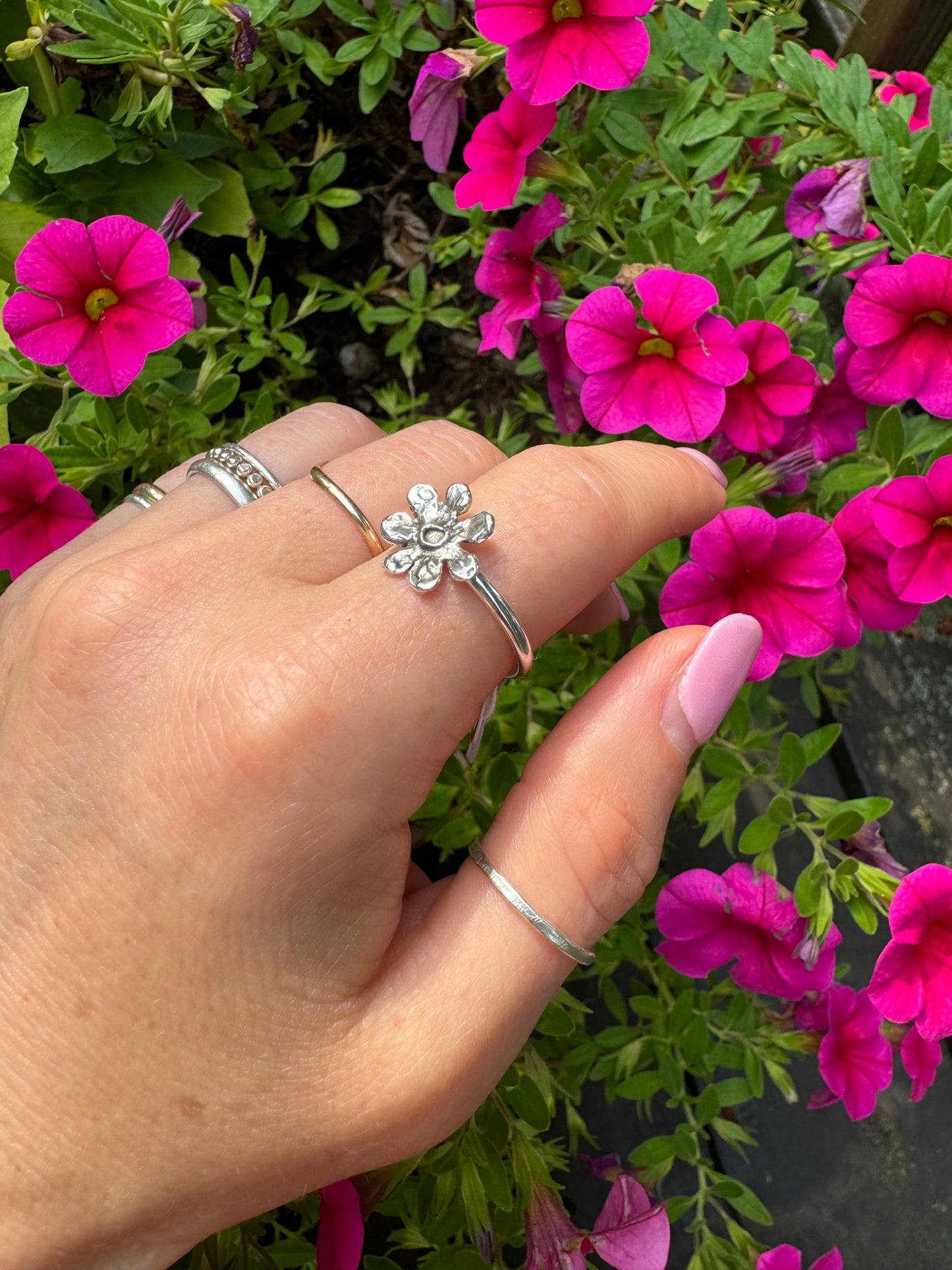 Sterling Artisanal Flower ring - size 8 1/2