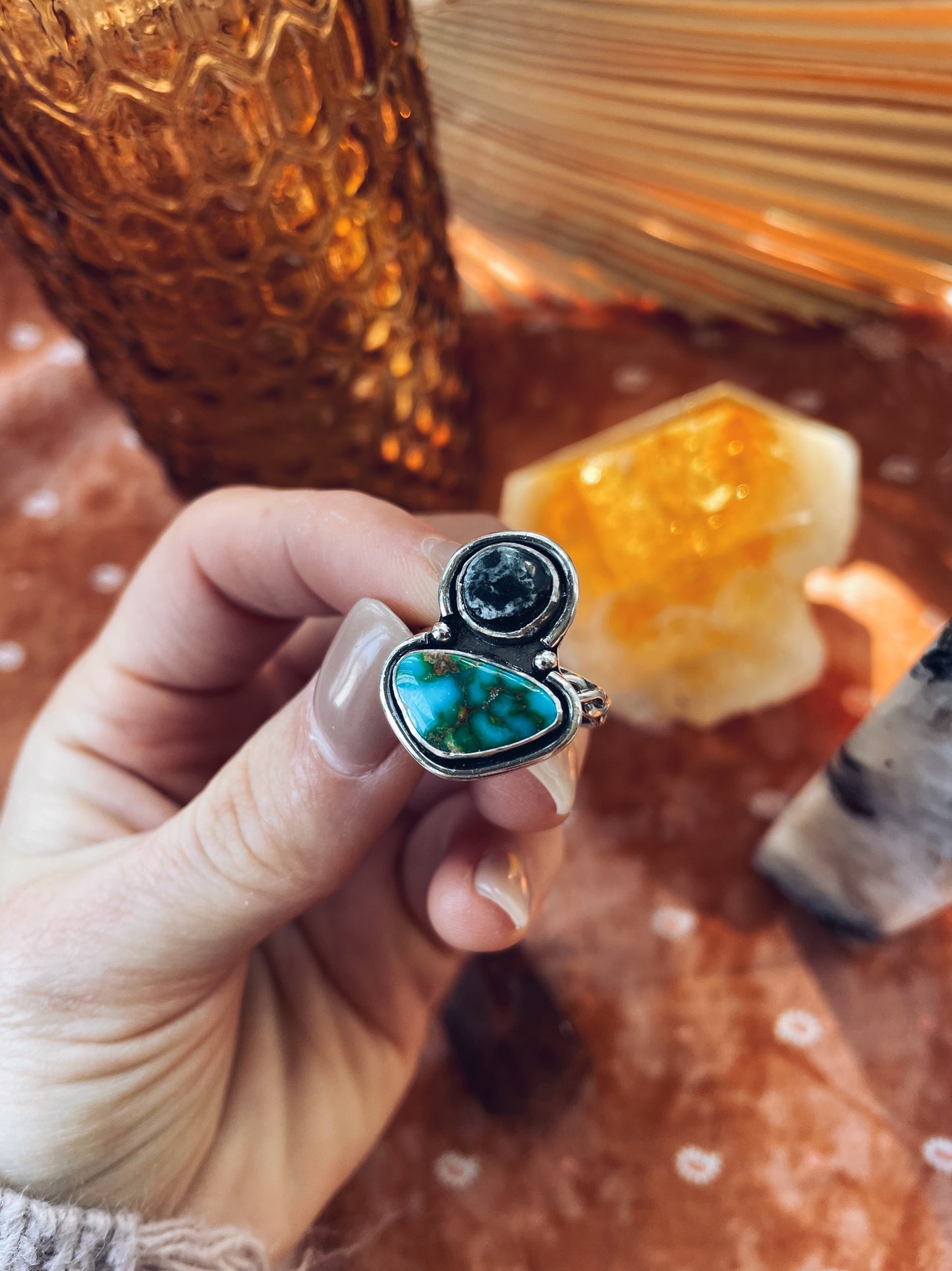 White Buffalo & Sonoran Rose Turquoise Statement Ring - Size 7 1/4