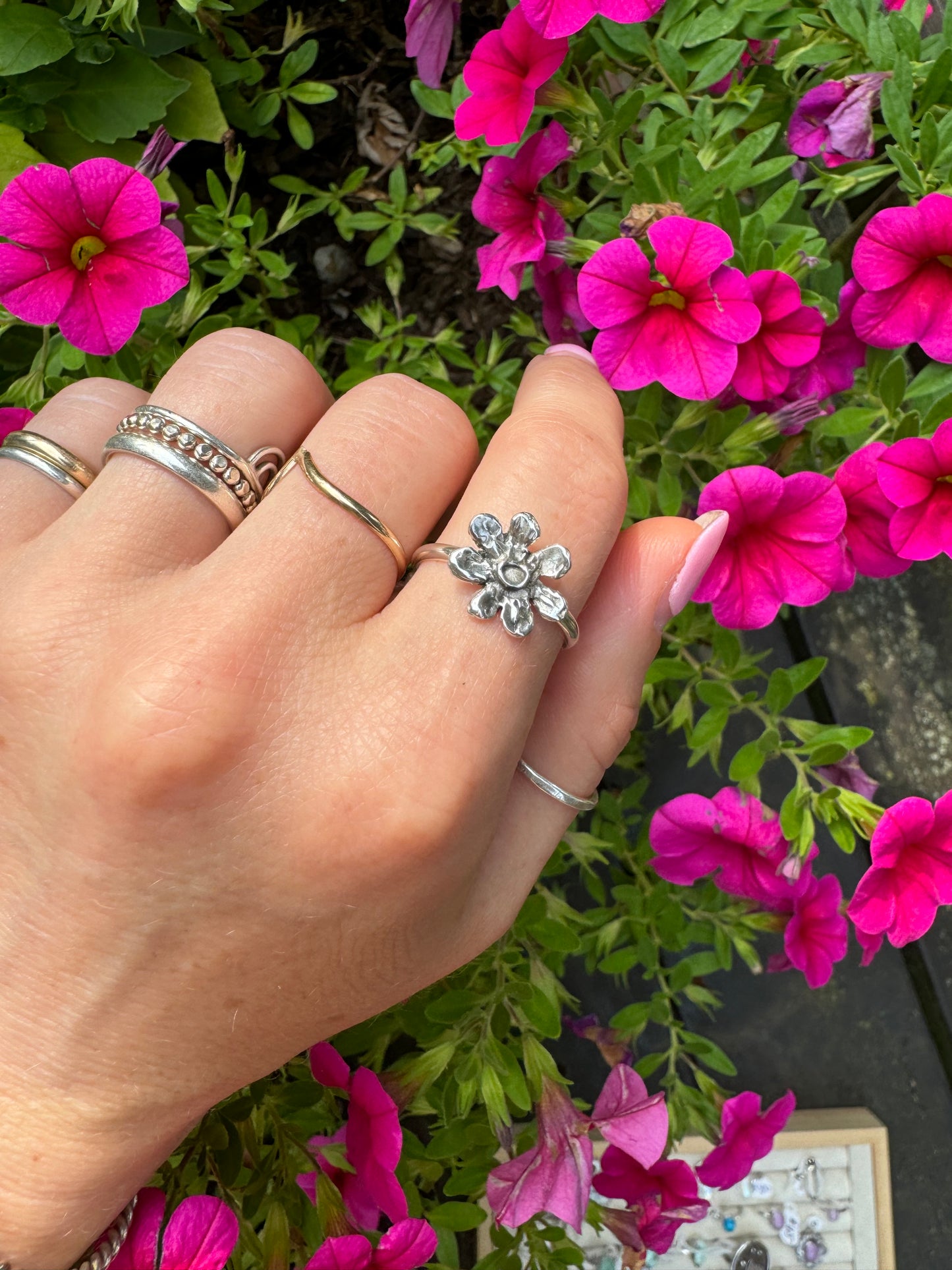 Sterling Artisanal Flower ring - size 8 1/2
