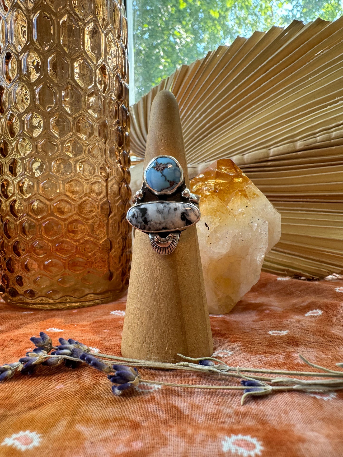 Golden Hills and White Buffalo Turquoise Statement Ring - Size 8