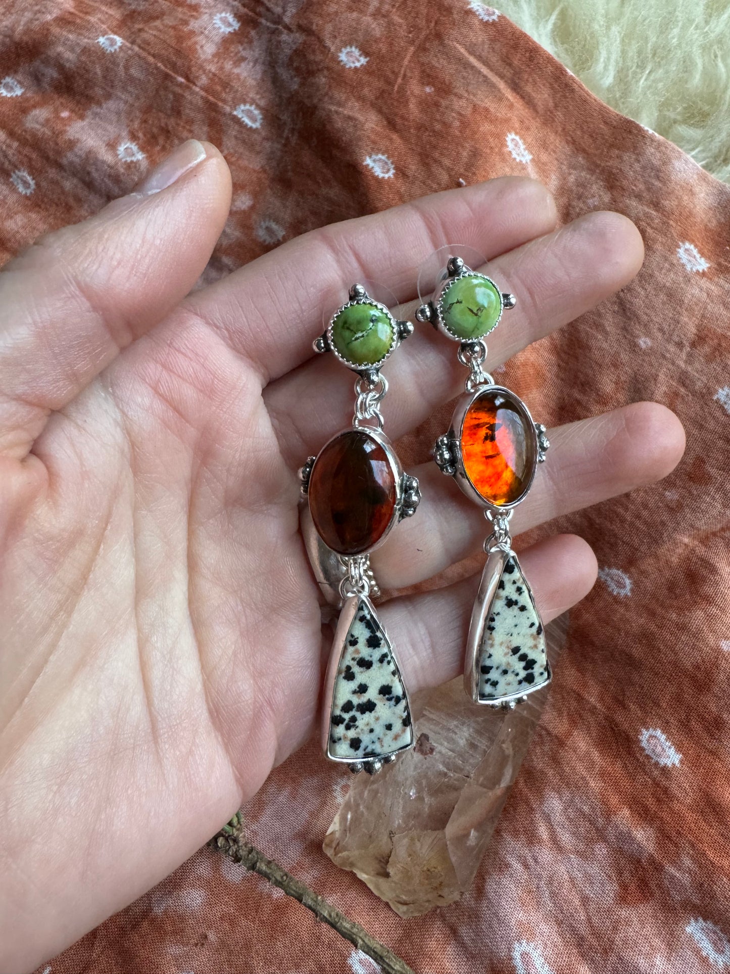 Statement Earrings - Amber + Turquoise + Dalmation stone
