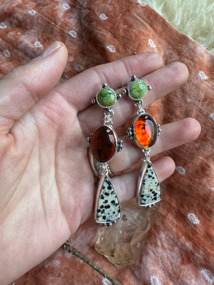 Statement Earrings - Amber + Turquoise + Dalmation stone