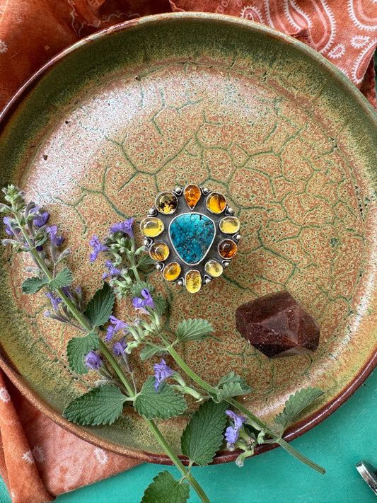 Hubei Turquoise and Amber Ring - size 7 1/2 - 8 1/2