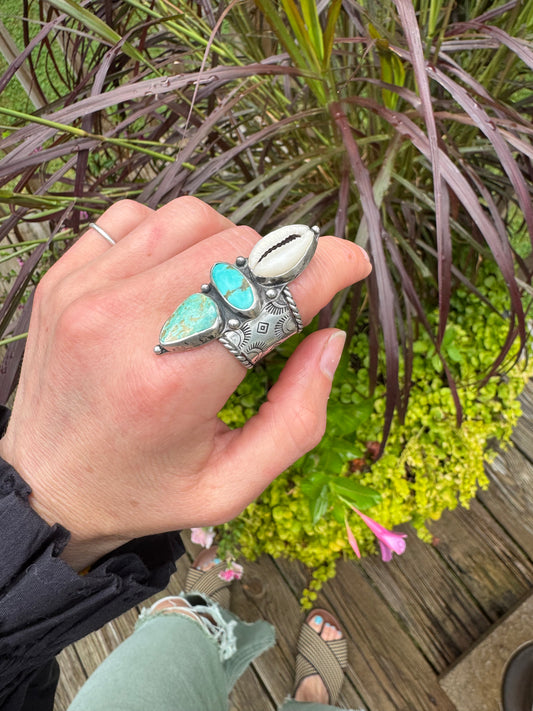 Turquoise + Cowrie Shell "Ranger" Ring - Size 7