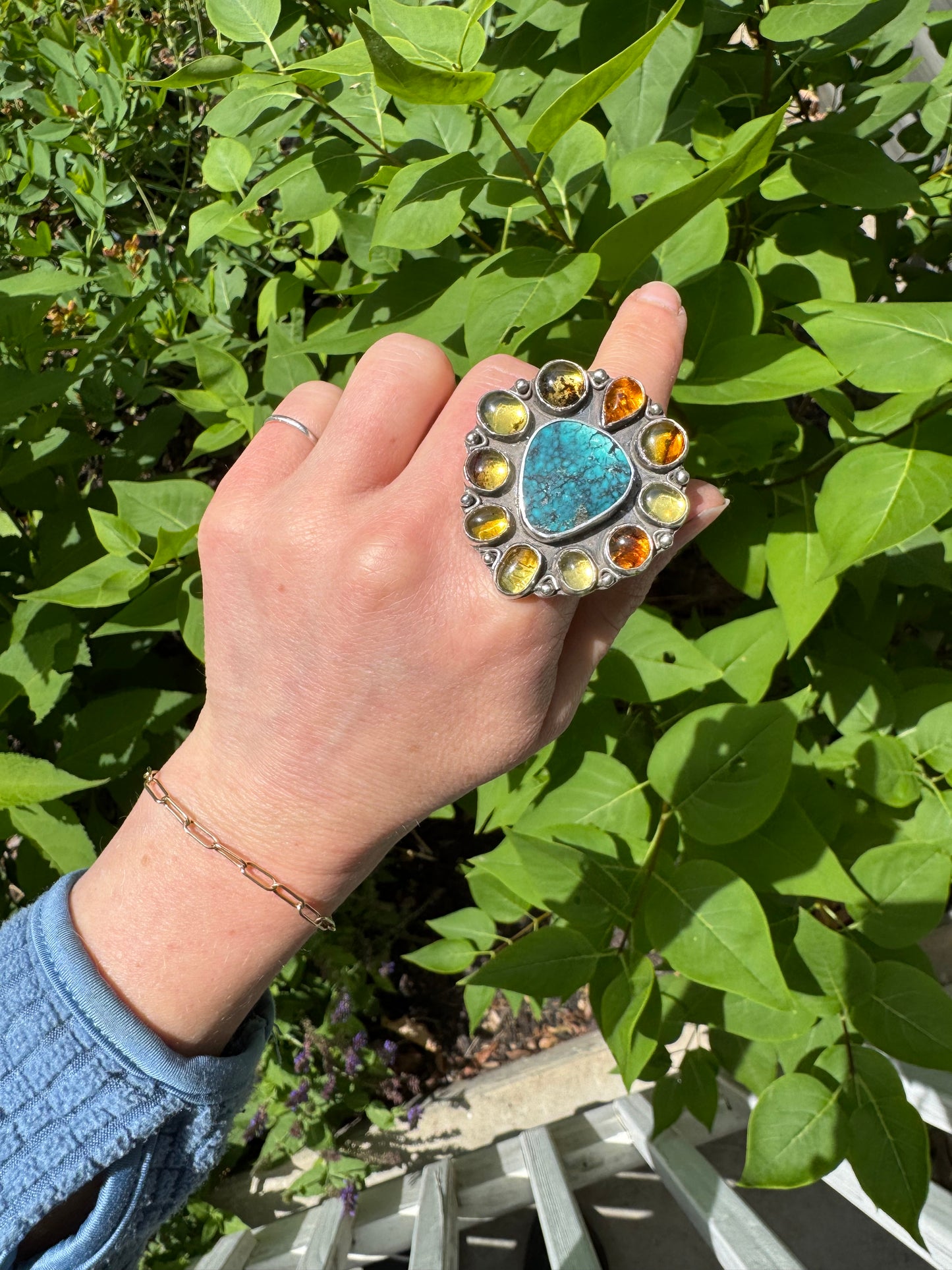 Hubei Turquoise and Amber Ring - size 7 1/2 - 8 1/2