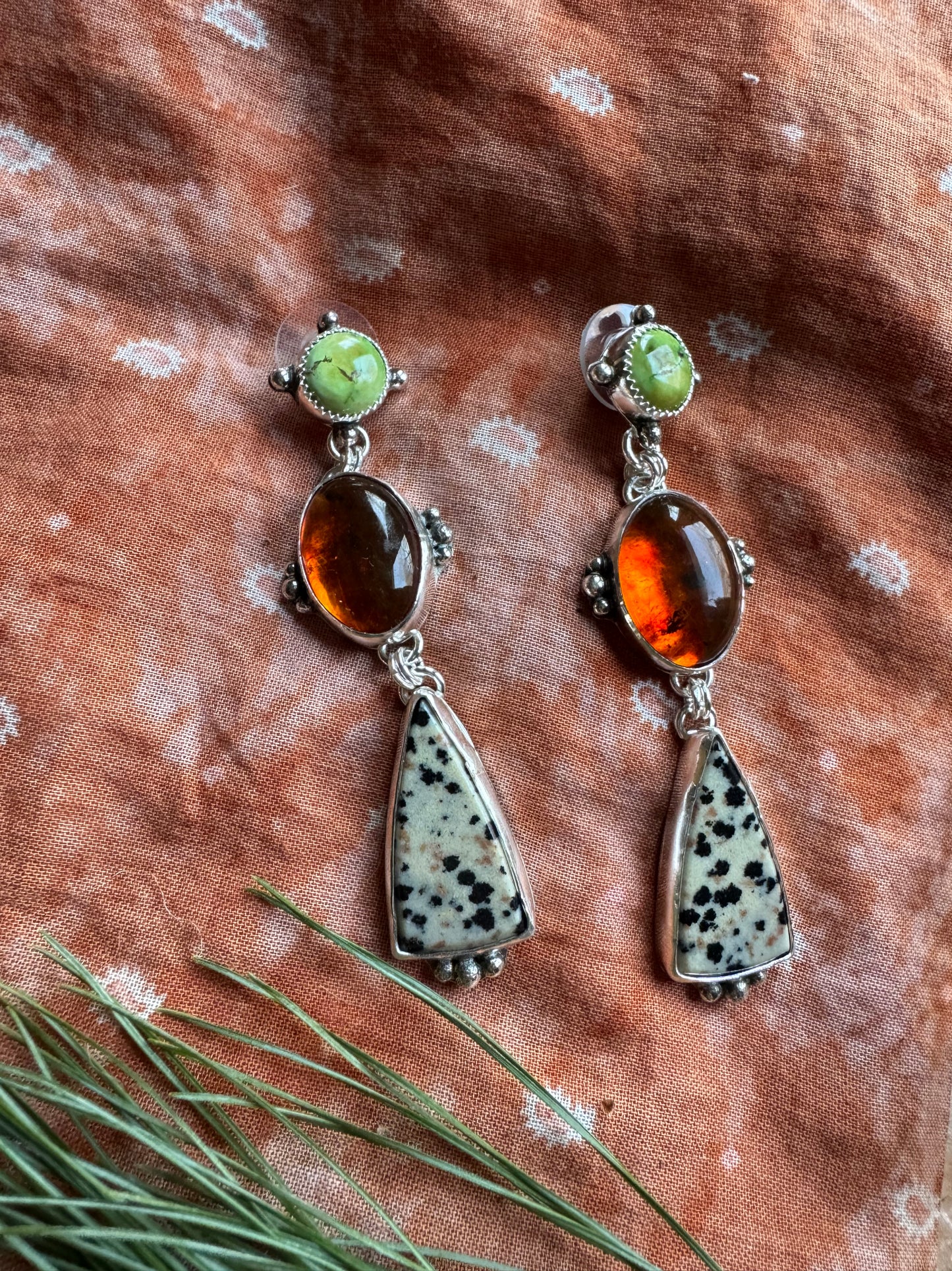 Statement Earrings - Amber + Turquoise + Dalmation stone