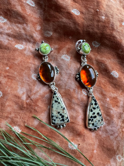 Statement Earrings - Amber + Turquoise + Dalmation stone