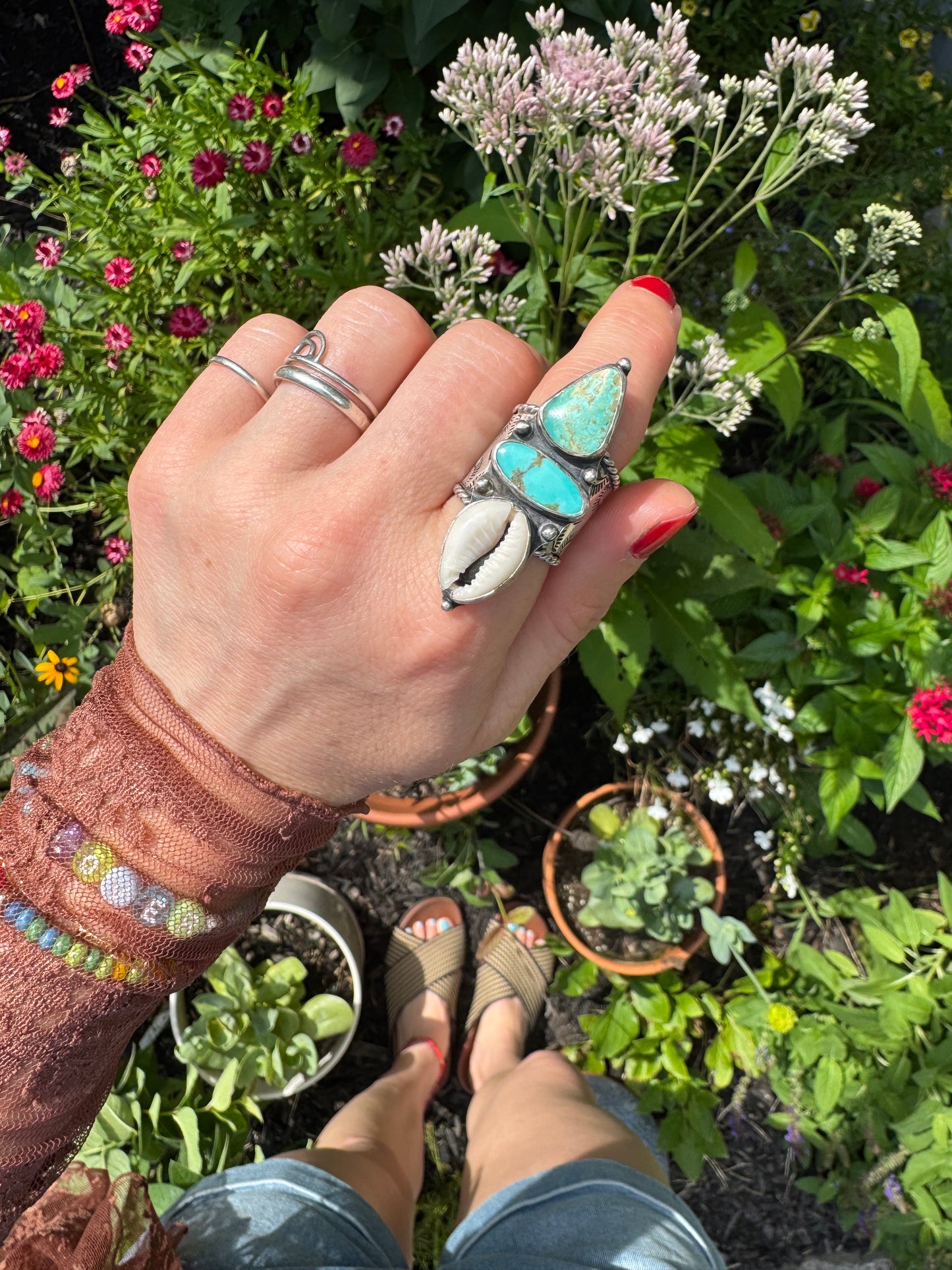 Turquoise + Cowrie Shell "Ranger" Ring - Size 7
