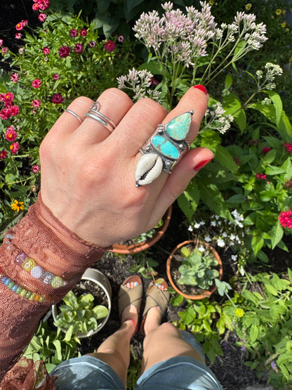 Turquoise + Cowrie Shell "Ranger" Ring - Size 7