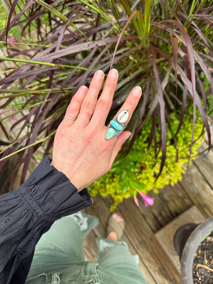 Turquoise + Cowrie Shell "Ranger" Ring - Size 7