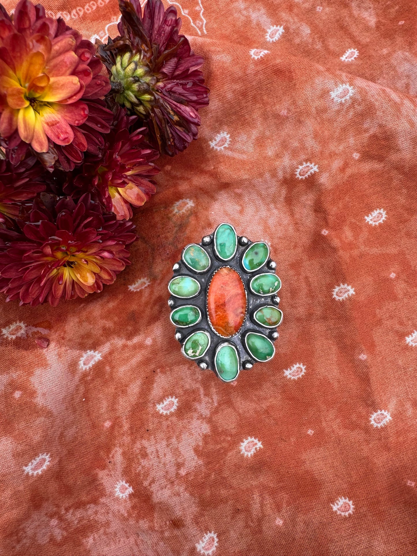 Sonoran Gold and Coral Statement ring - size 7 to 7 1/2