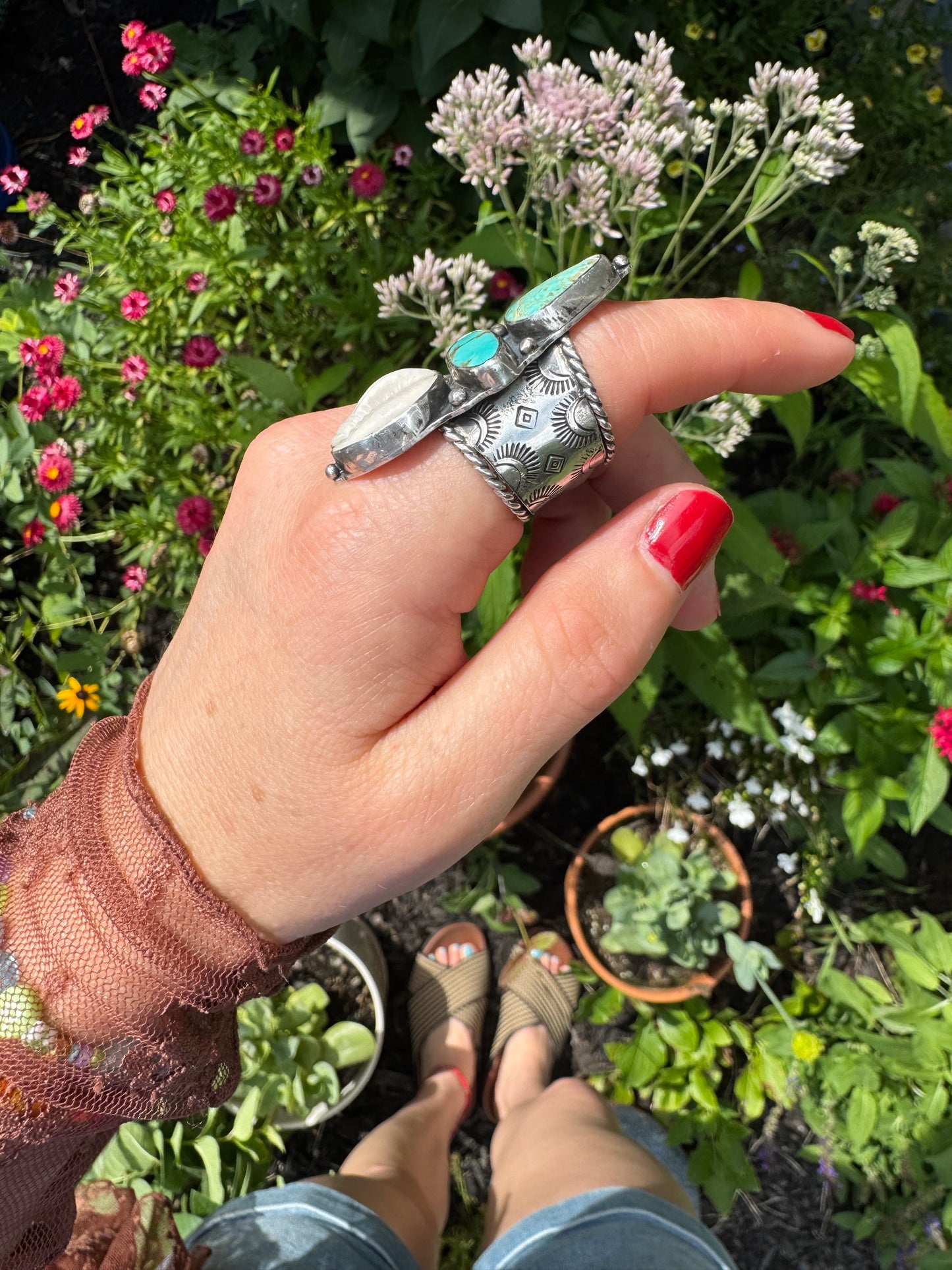 Turquoise + Cowrie Shell "Ranger" Ring - Size 7
