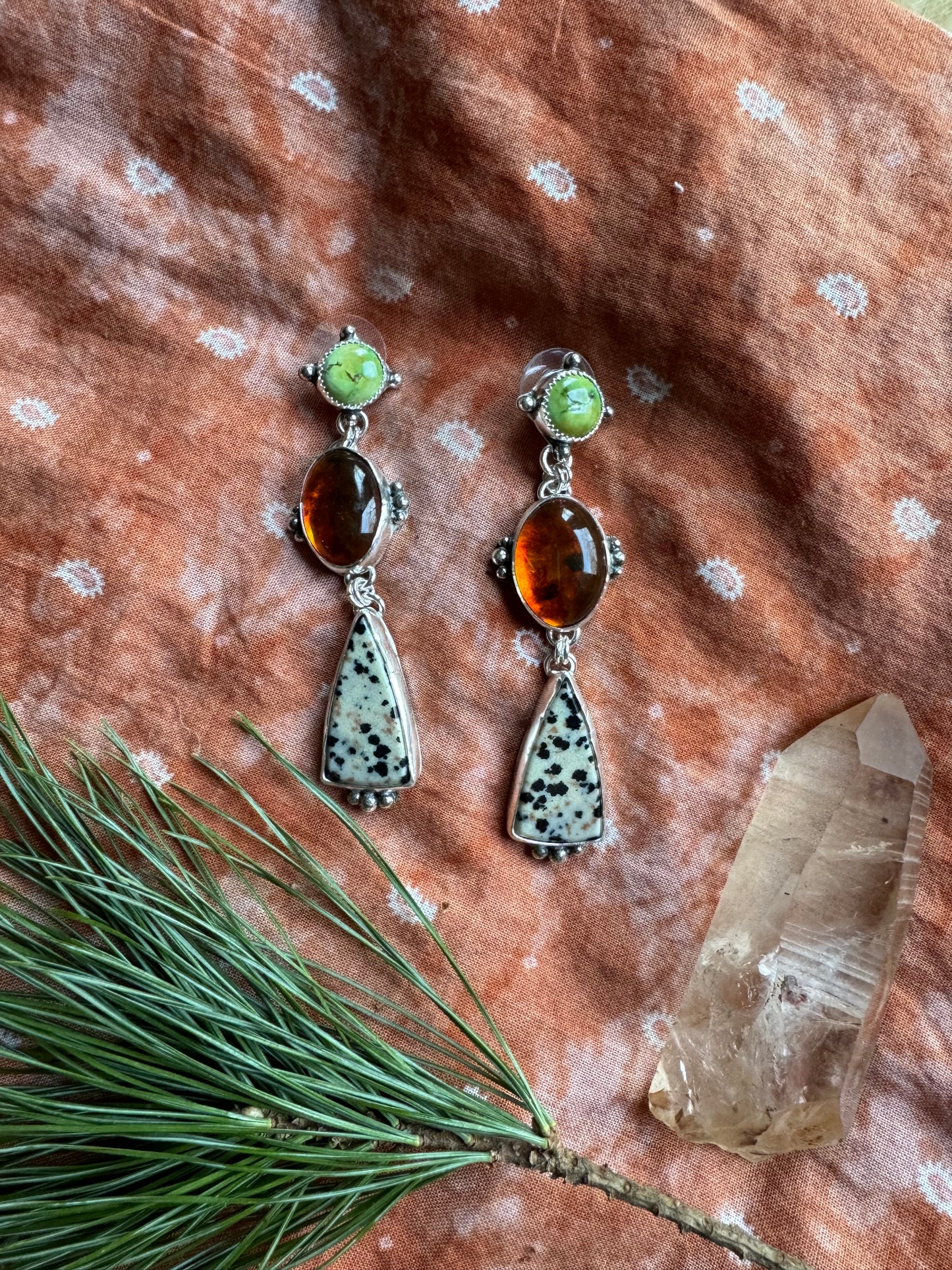 Statement Earrings - Amber + Turquoise + Dalmation stone