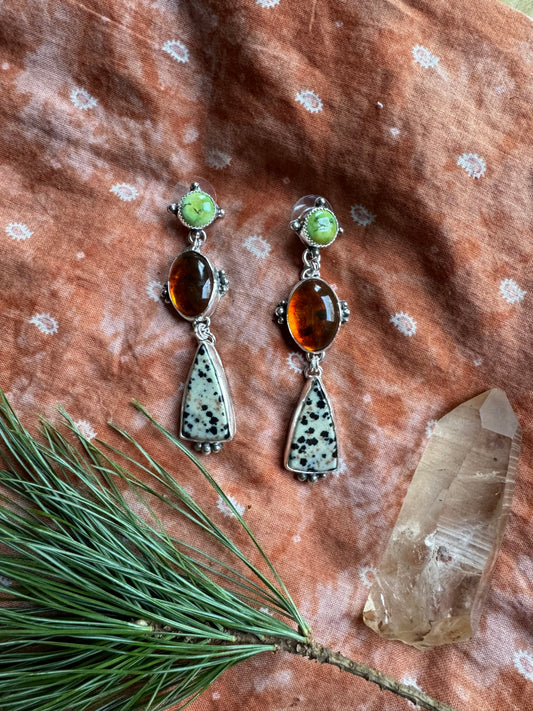 Statement Earrings - Amber + Turquoise + Dalmation stone