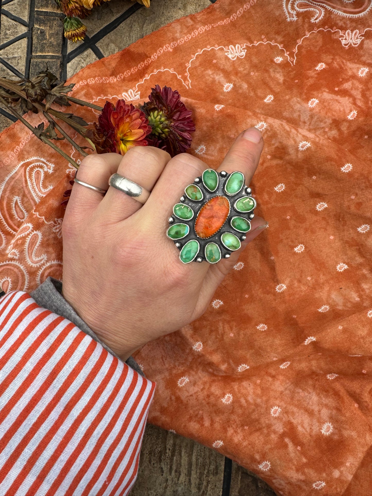 Sonoran Gold and Coral Statement ring - size 7 to 7 1/2