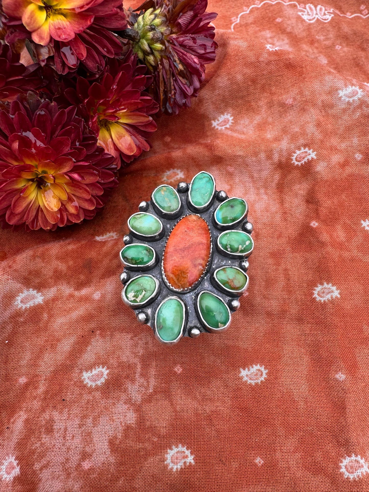 Sonoran Gold and Coral Statement ring - size 7 to 7 1/2