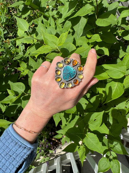 Hubei Turquoise and Amber Ring - size 7 1/2 - 8 1/2