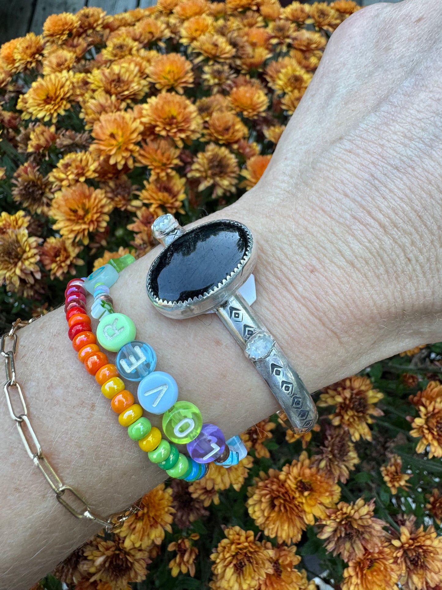 Black Tourmaline + Moonstone Cuff - size M