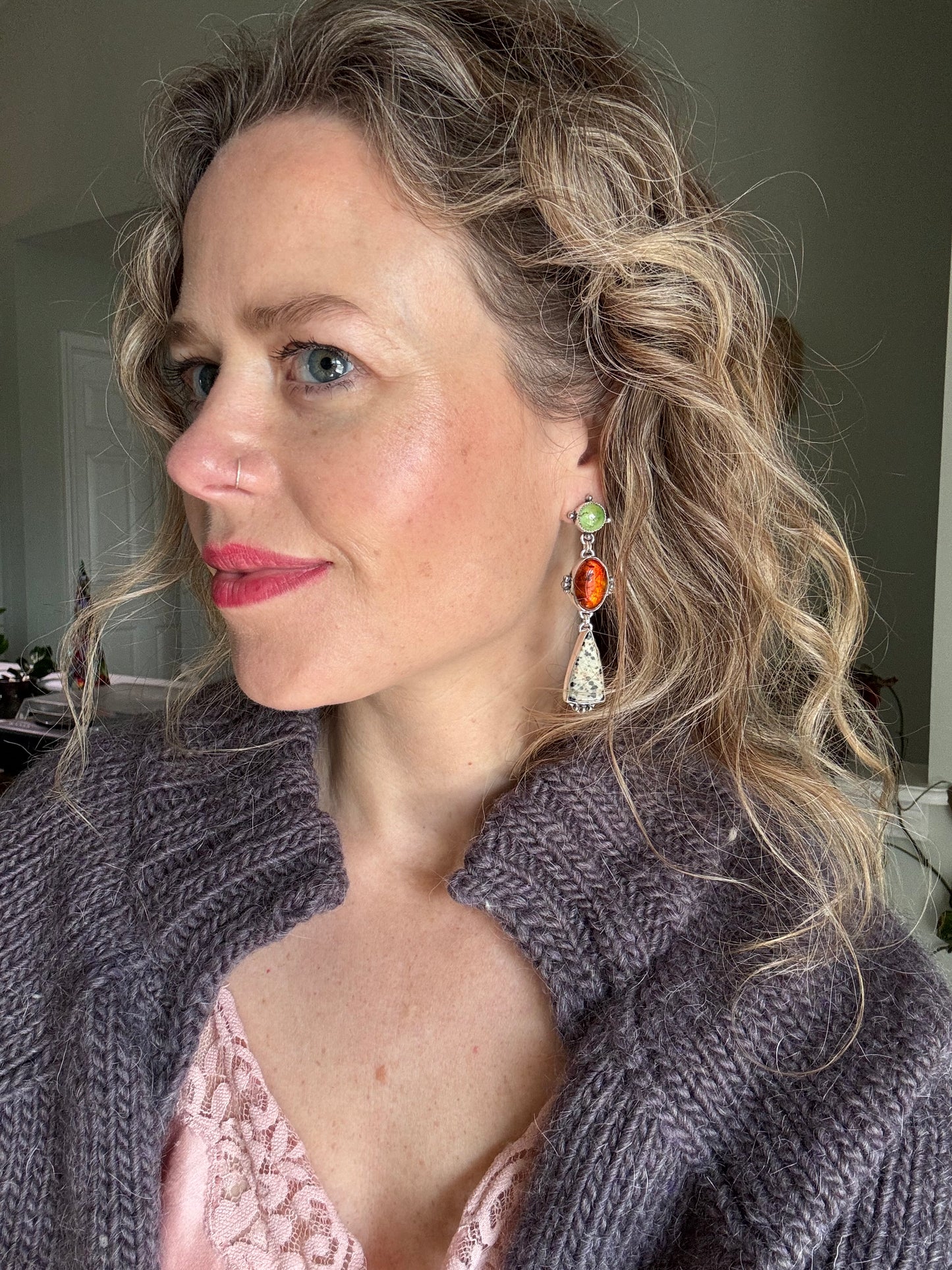 Statement Earrings - Amber + Turquoise + Dalmation stone