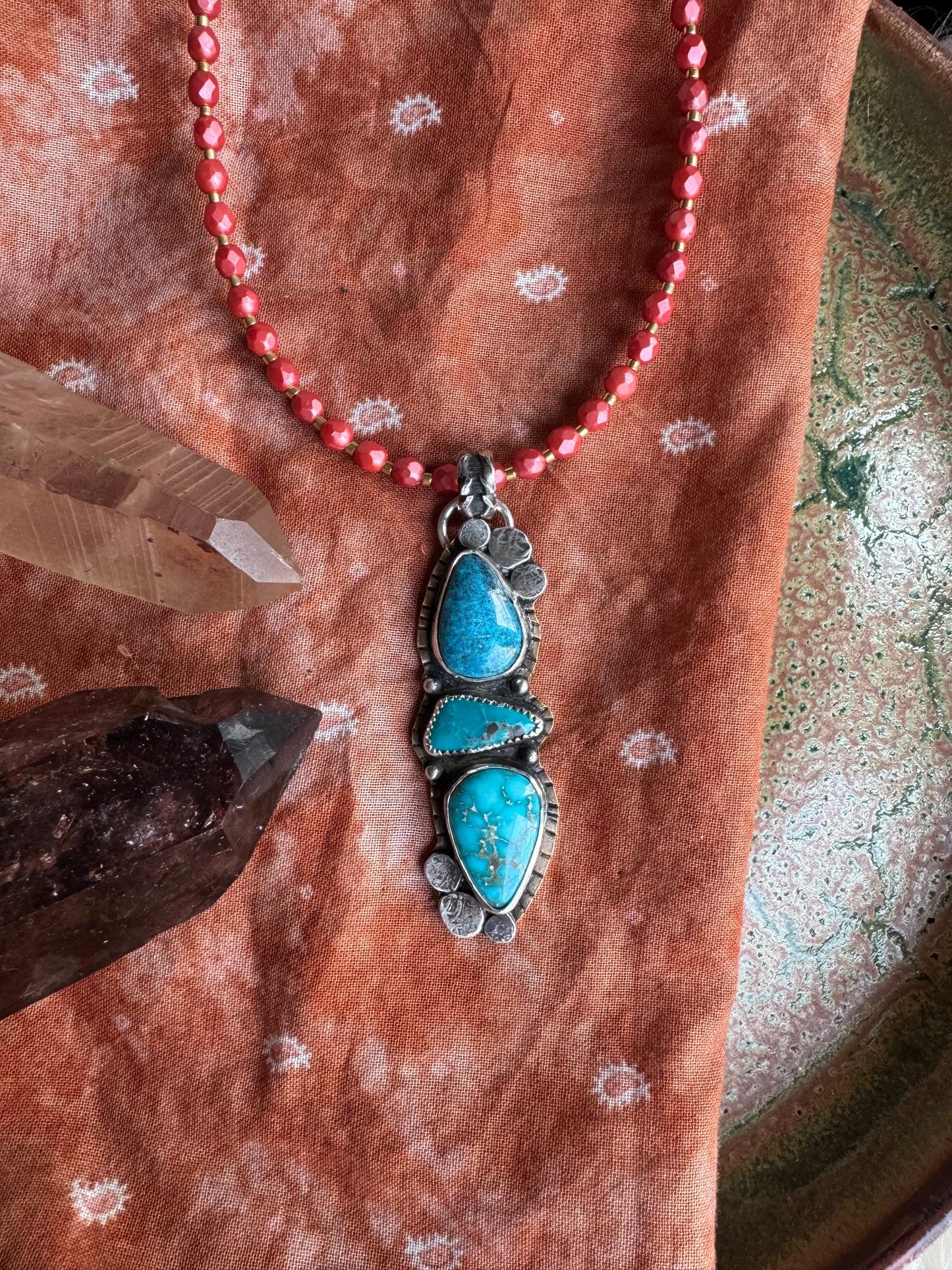 Triple Blue Turquoise Pendant and Bronze