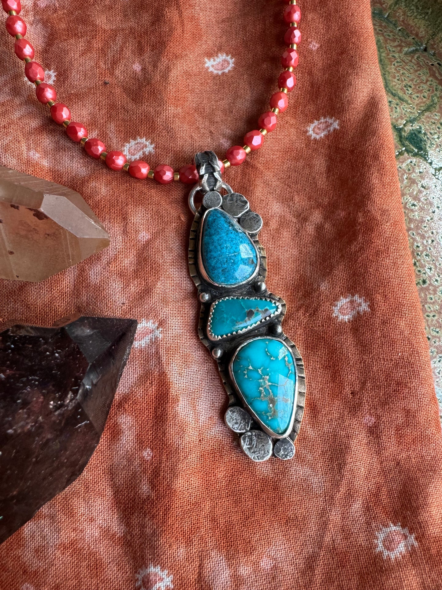 Triple Blue Turquoise Pendant and Bronze