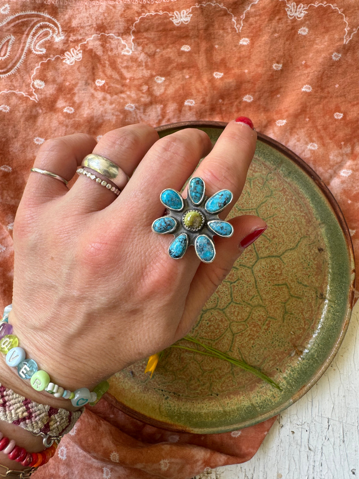 Flower Power Turquoise Ring - Size 8