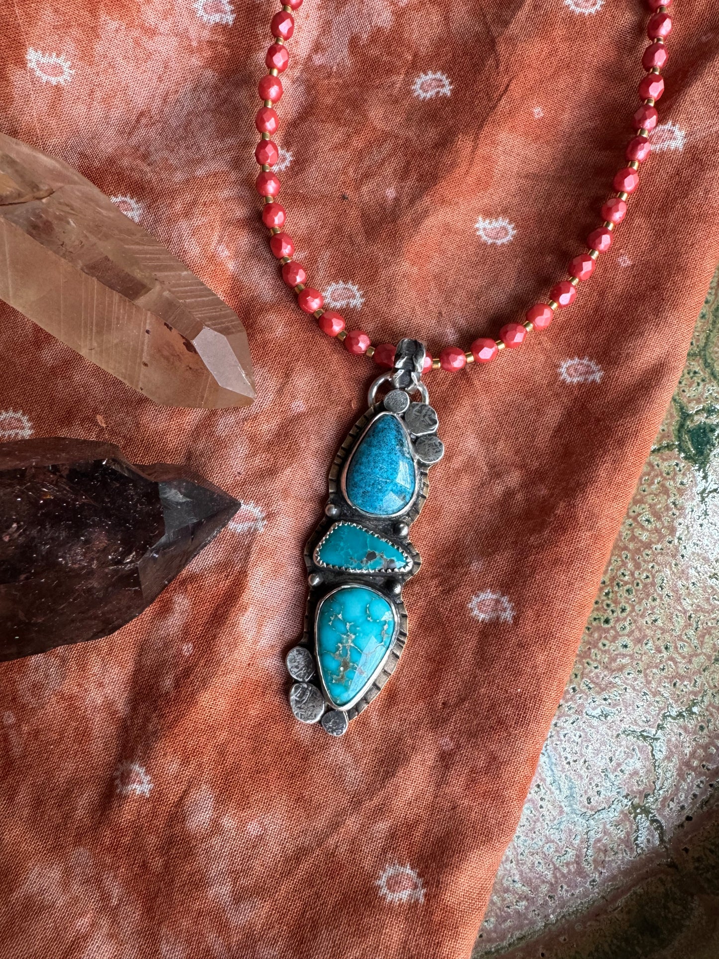 Triple Blue Turquoise Pendant and Bronze