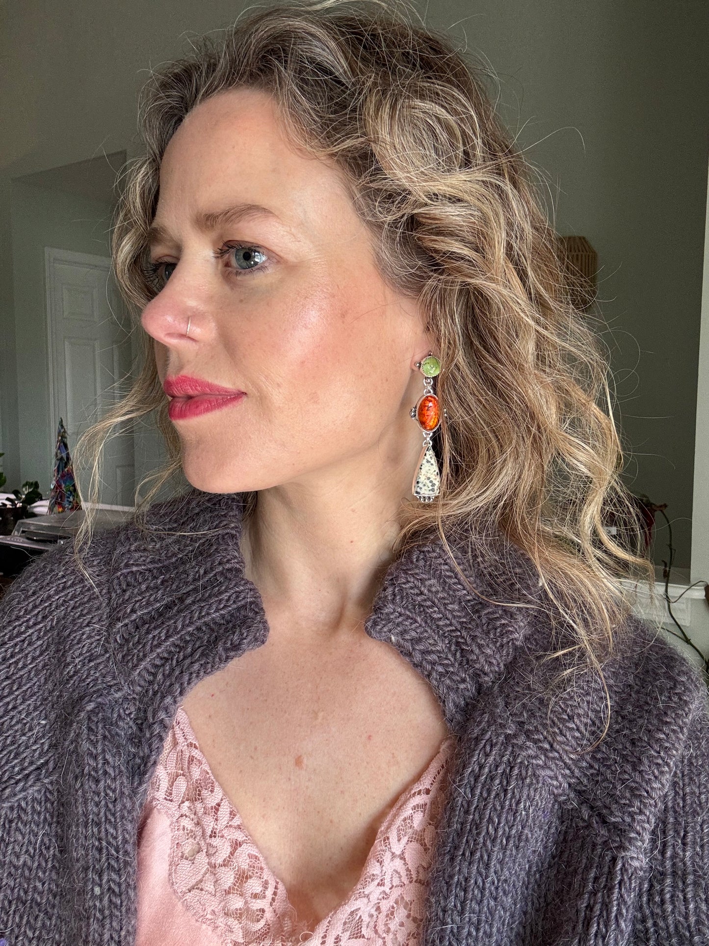 Statement Earrings - Amber + Turquoise + Dalmation stone