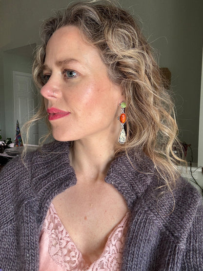 Statement Earrings - Amber + Turquoise + Dalmation stone