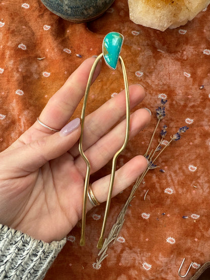 Brass Hair Fork with Turquoise - Full length