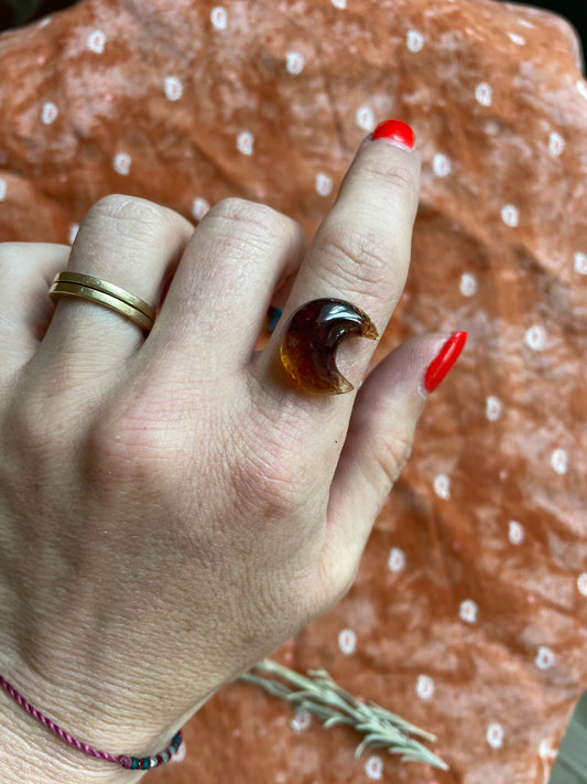Amber Crescent Moon Ring- Made to order