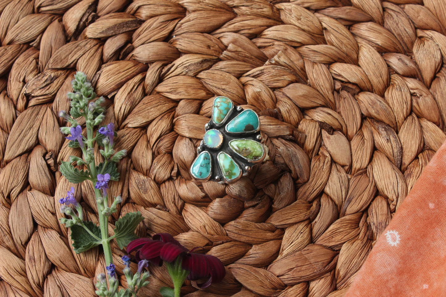 Turquoise "Bloom" and Welo Opal Statement Ring - Size 8