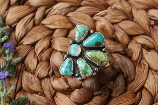 Turquoise "Bloom" and Welo Opal Statement Ring - Size 8